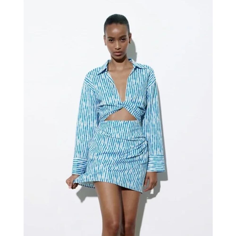ZARA Striped Knot Cut Out Mini Dress Linen Blend Long Sleeve Blue/ White NWT - Picture 13 of 14